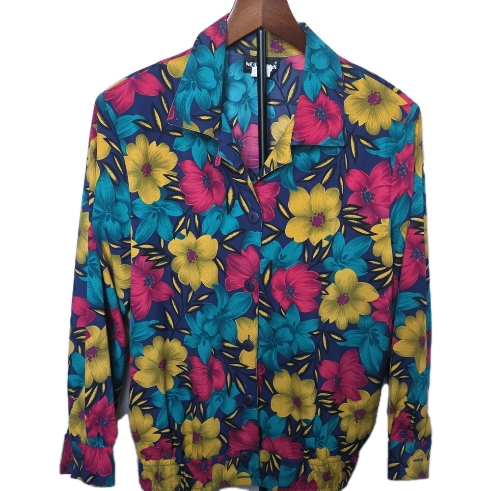 Vintage 80s/90s Notations floral bomber blouse jacket Sz L, bold teal/pink